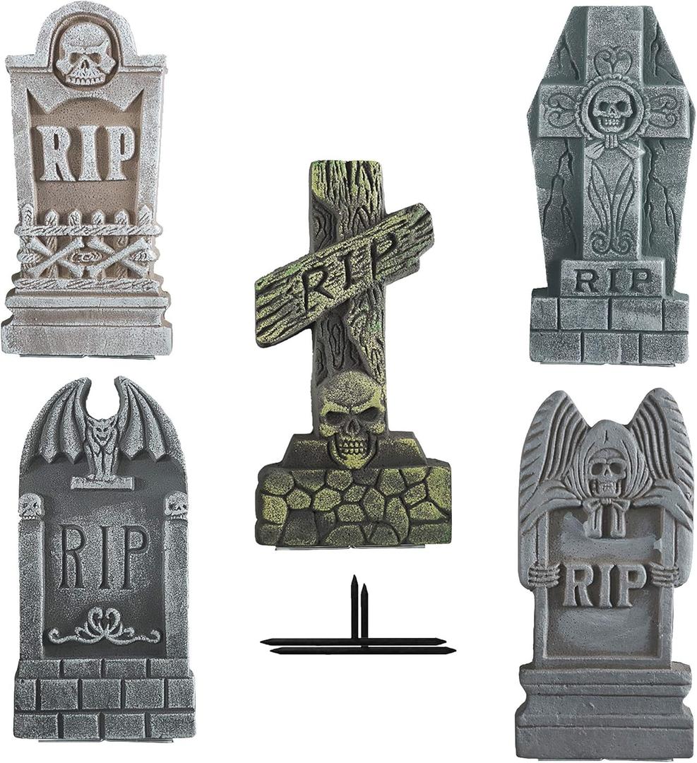 FUNPENY Halloween Foam RIP Tombstones, 5 Pack 17" Headstone Decorations for Halloween Graveyard, Yard, Garden, Tombstone Decorations Outdoor
