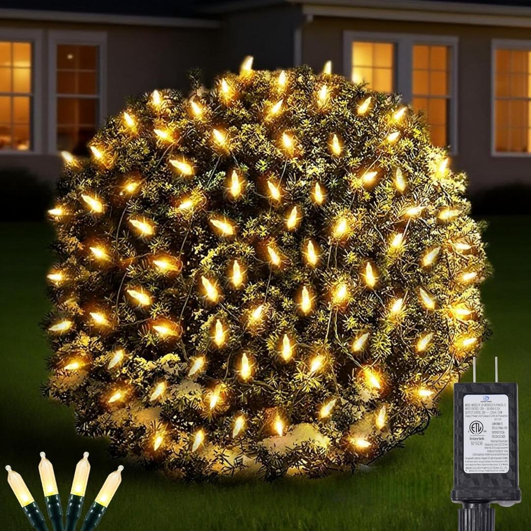 Led Christmas Net Lights Outdoor Connectable, 120LED 5ft x 6ft Waterproof 8 Modes Black Wire 29V Plug in Mesh Lights for Garden Yard Bushes Trunk Tree Decor (Warm White, 1Pack)