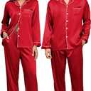 YOZLY Couple Matching Pajamas Set Satin Button Down Silky Sleepwear Long Sleeve Loungewear 2 Pcs Pj Set S-2XL with Pockets (Large, Red)