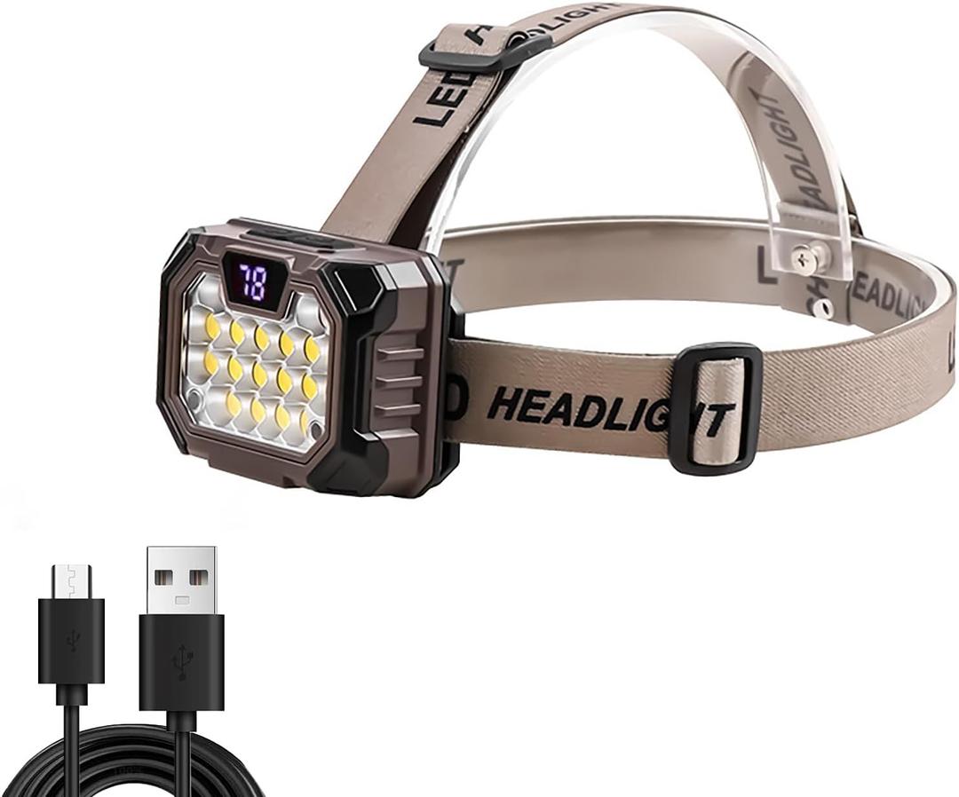 LED Headlamp Rechargeable Battery Powered Hard Hat 5 Light Mode 1000 Lumen Usb C Waterproof Bright Outdoor Camping Essential Fishing Gear Hiking Accessories Hunting Running Survival Power Outage Gifts (Brown)