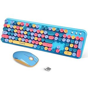 FOPETT 2.4GHz Wireless Keyboard and Mouse Set with Switch Button - Full-Size Keyboard - Compatible for Windows/Laptop/PC/Notebook/Smart TV and More - Blue Colorful
