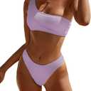 YIMISAN Women's Ribbed Bikini Sets One Shoulder Top with Mid Waist Two Piece Bathing Suit (Lilcac Purple) S