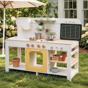 Giant bean Mud Kitchen for Kids Outdoor, Deluxe 4.8L Large Water Tank Sink Wooden Toy Play Kitchen Set, with Sand and Water Sink, Blackboard and Kitchen Accessories for Boys and Girls Ages 3+ White