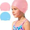 Swim Cap Kids (2 Pack), Durable Waterproof Swimming Cap for Girls Boys Teens Toddler Aged 3-15, Comfortable Fit Kids Swim Cap for Long Hair and Short Hair, Silicone Swim Caps for Kids Toddler (Light Pink & Light Blue)