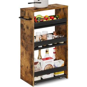 TEAMIX 4 Tier Slim Storage Cart with Handle, Slide Out Storage Rolling Utility Cart Mobile Shelving Unit Organizer Trolley for Small Spaces Kitchen Laundry Narrow Places (Brown+Black, 7-7/8'' W)