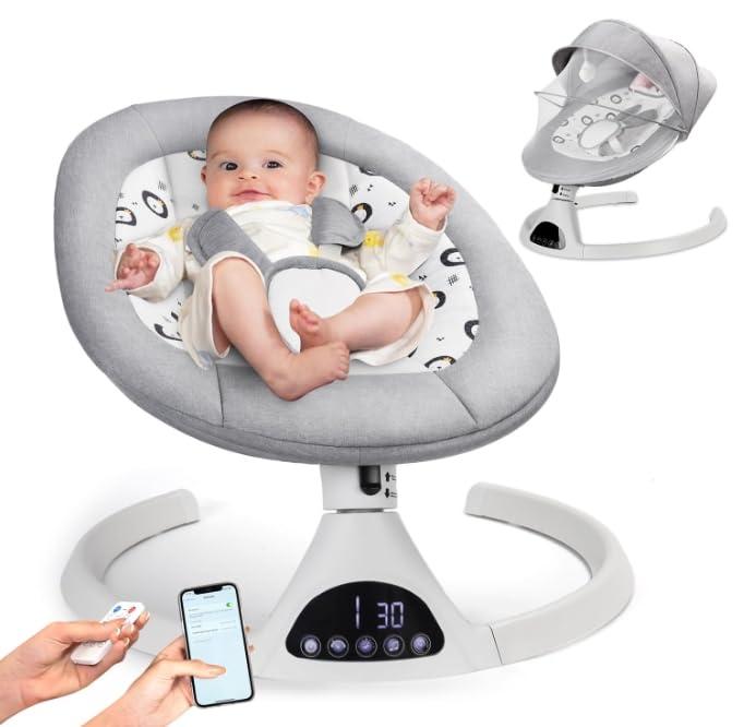 Electric Baby Swings for Infants to Toddler Baby Swing with 5-Speed 3-Seat Positions 5-Point Carabiner, with Bluetooth Music 10-Preset Melodies S0008