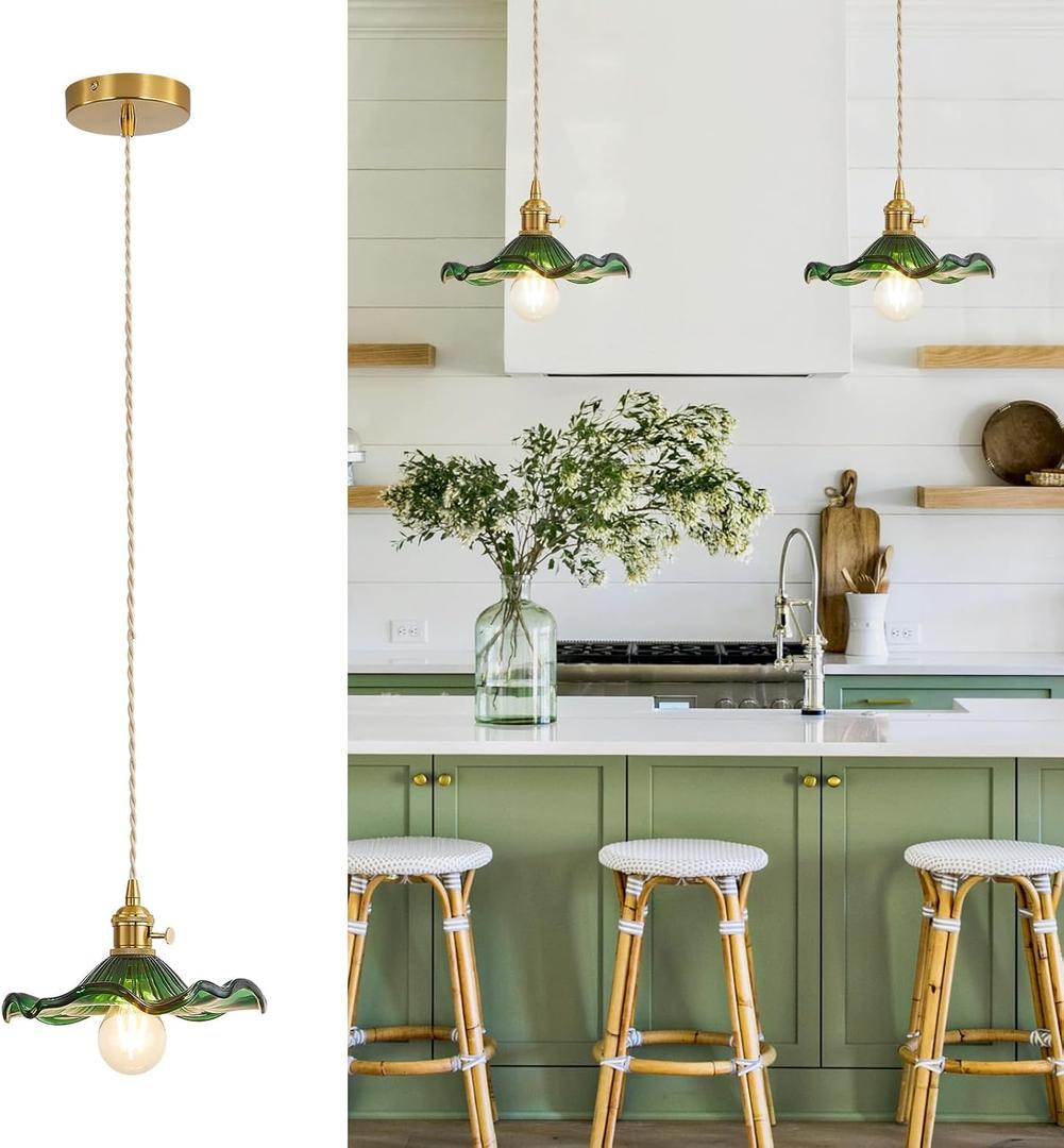 Pendant Light Fixture Glass Hanging Light Flower Light Fixture Pendant Lights Modern Lighting Bedroom Kitchen Island Hallway Bathroom Green Wave Style