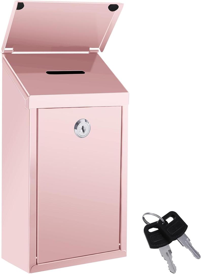 Metal Donation Box Suggestion Box with Slot and Lock Waterproof Wall Mounted Mailbox Charity Collection Box Secure Drop Box for Cash Home Office Outdoor (Pink)