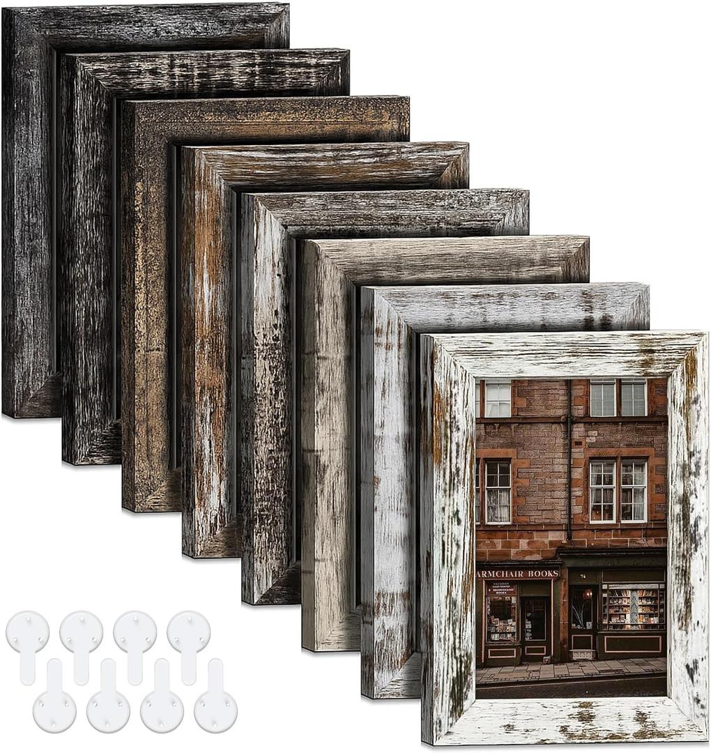 5x7 Picture Frames Set of 8, Vintage Rustic Farmhouse Industrial Style Photo Frames, High Definition Real Glass, for Tabletop or Wall Hanging