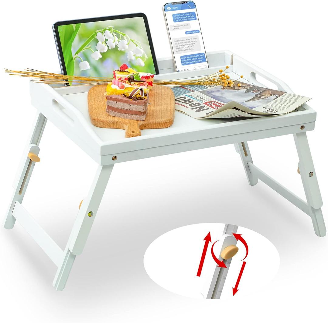 Bed Tray Table for Eating - Bamboo Breakfast Food Table with Phone Tablet Holder - Adjustable Height White Serving Tray with Folding Legs on Lap Sofa - Portable Laptop Snack Platter for Bedroom Picnic