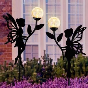 Ouddy Decor 2 Pack Solar Fairy Garden Decor, Metal Statues with Crackle Glass Globe Lights Silhouette Waterproof for Outdoor Lawn Patio Yard Pathway Home Mother's Day Decorations Gardening Gifts