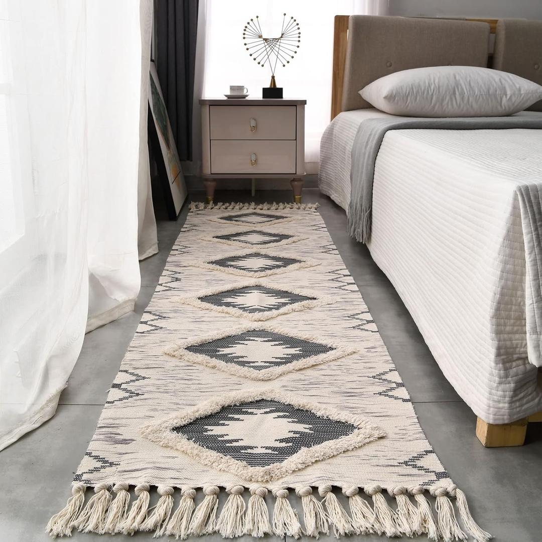 Boho Runner Rug 2'x6', Washable Hallway Rug Runner Non Slip Rubber Backed, Kitchen Farmhouse Area Rug Floor Mat with Tassels, Tufted Woven Cotton Entryway Carpet, Grey