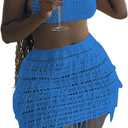 CALEBGAR Women 2 Piece Outfits Sexy Crochet Mini Dress Hollow Tassel Skirts Sets Summer Bandage Tube Tops (Small, Blue)