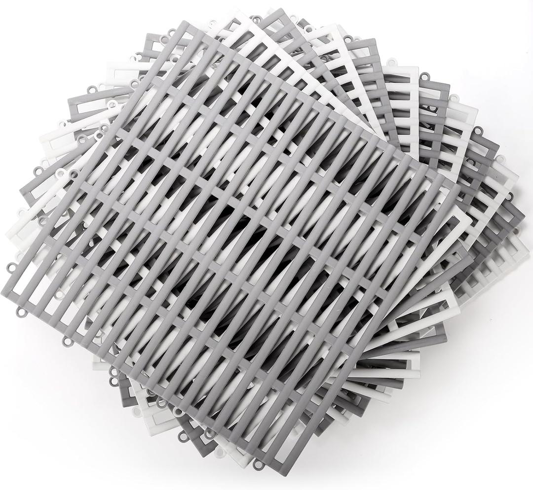 12 Pcs 12"x12" Interlocking Shower Floor Tiles, Non-Slip Drainage Pool Mat with Hole, Rubber Modular Vented Splicing Cushion for Bathroom Deck Patio Balcony Kitchen Garage Shed Indoor, 2 Color