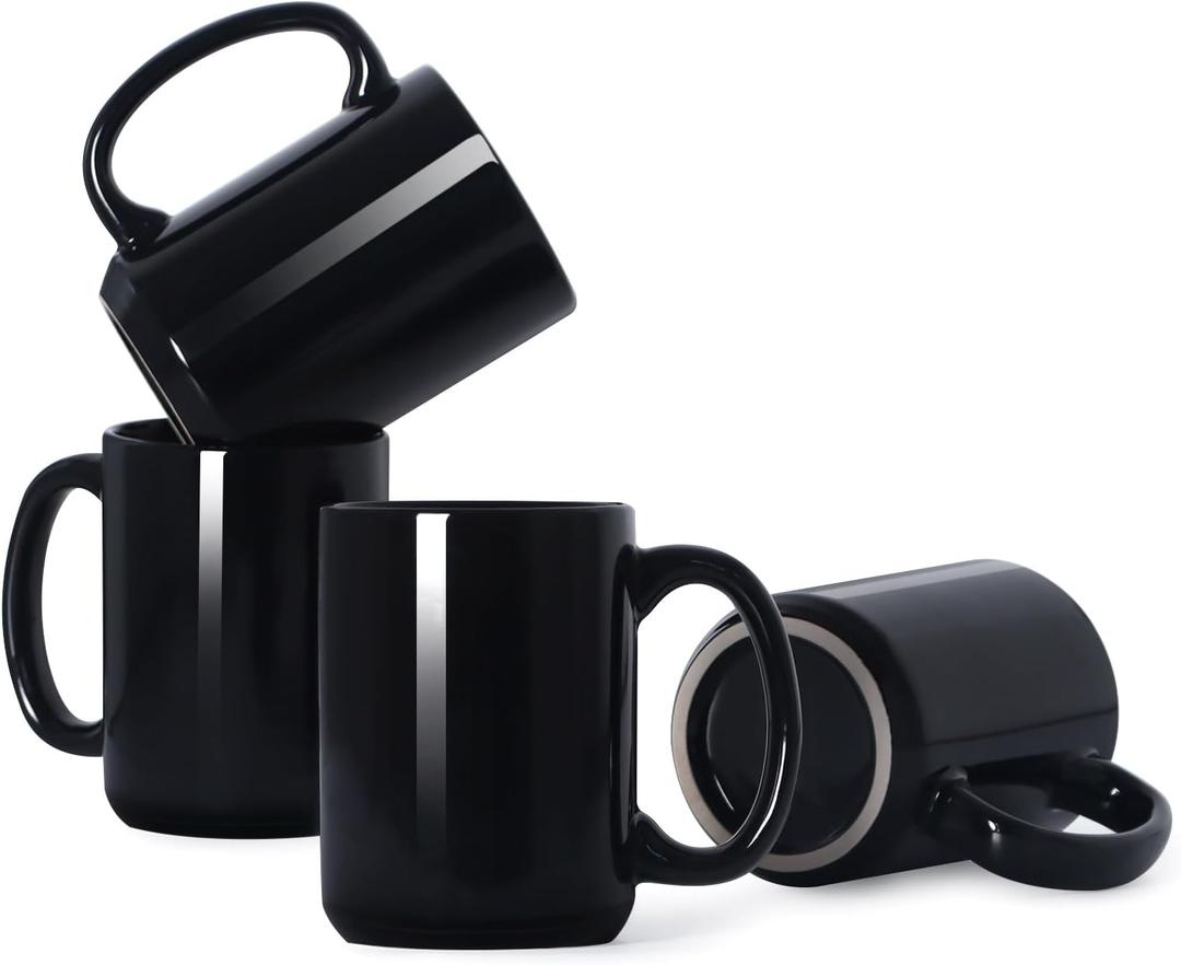 Smilatte 16 OZ Porcelain Coffee Mugs, Classic Blank Ceramic Cup with Large Handle for Tea Latte Cappuccino, Set of 4, Black