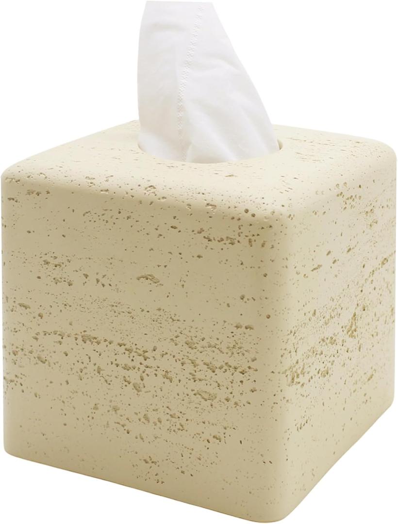 Travertine Tissue Box Cover Square Decorative Stone Klenex Box Holder for Bathroom & Living Room with Handcrafted Texture (Light Beige)