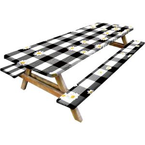Vintage Gingham Picnic Table Cover with Bench Covers Set of 3 - Black White Check with Floral Accents, Elastic Fitted Tablecloth for 6 Ft Tables, Washable Polyester Cover for Patio, Indoor & Outdoor