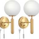 Dimmable Plug in Wall Sconces Set of 2 with Milky Glass Globe Shade, Gold Wall Light with Plug in Electric Cord Dimmer Knob Switch Mid Century Modern Vintage Wall Lamp for Bedroom Bedside Living Room