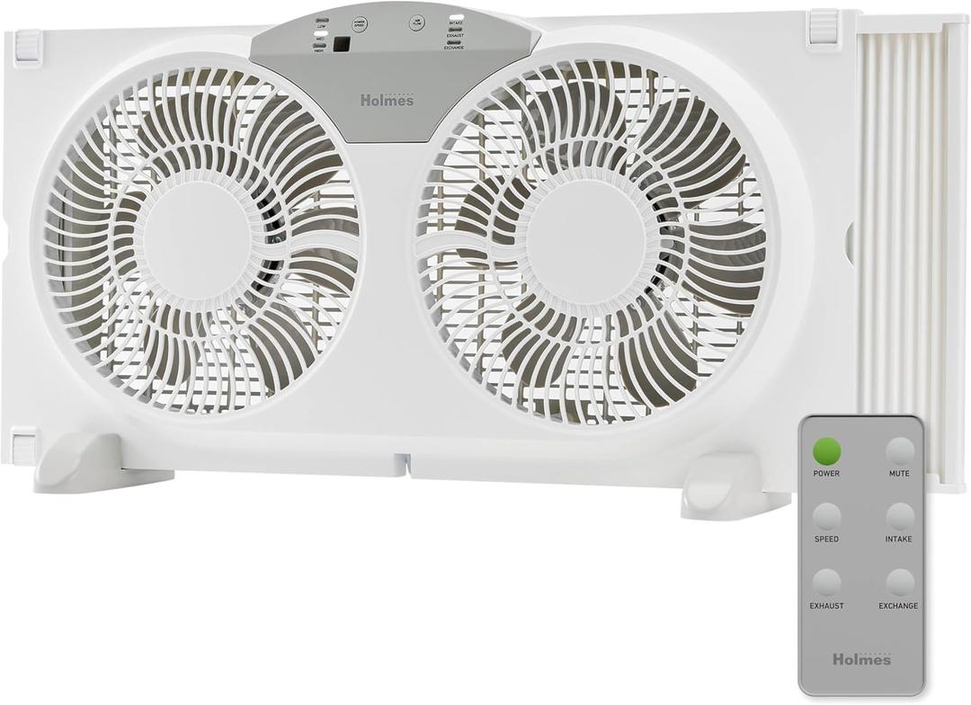 HOLMES 9" Twin Digital Window Fan, Reversible Airflow Blades, In/ Out Exchange, 3 Speeds, Built-In Extender Panels, Ideal for Home, Bedroom or Office, Remote Control, White