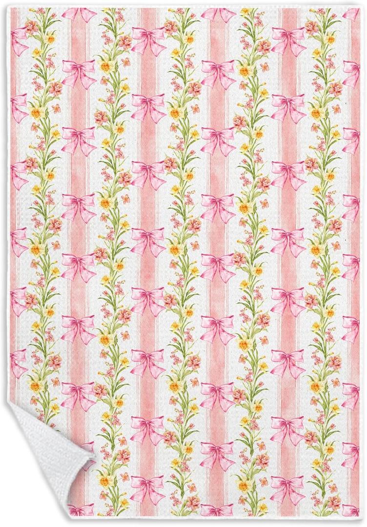 Coquette Pink Bow Floral Kitchen Towels, Rustic Flower Botanical Dish Tea Towels for Kitchen Decor, Girly Pink Striped Floral Hand Towel for Bathroom Decor, 16x24 Inch (Color-01)