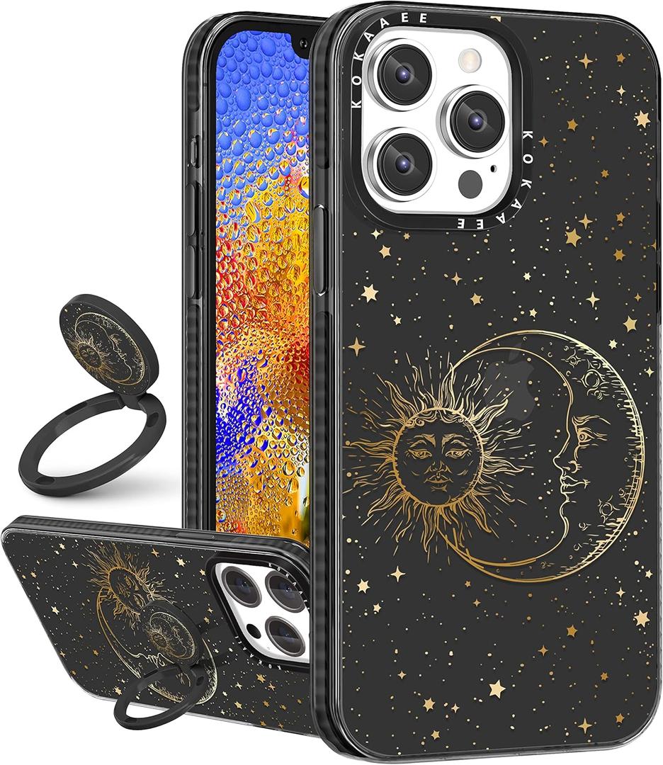 (2in1 for iPhone 14 Pro Case Sun Moon Stars for Women Girls Phone Cases Space Planets Golden Star Design Cute Aesthetic Soft TPU Bumper Fashion Unique Cover+Ring Holder for 14Pro 6.1"