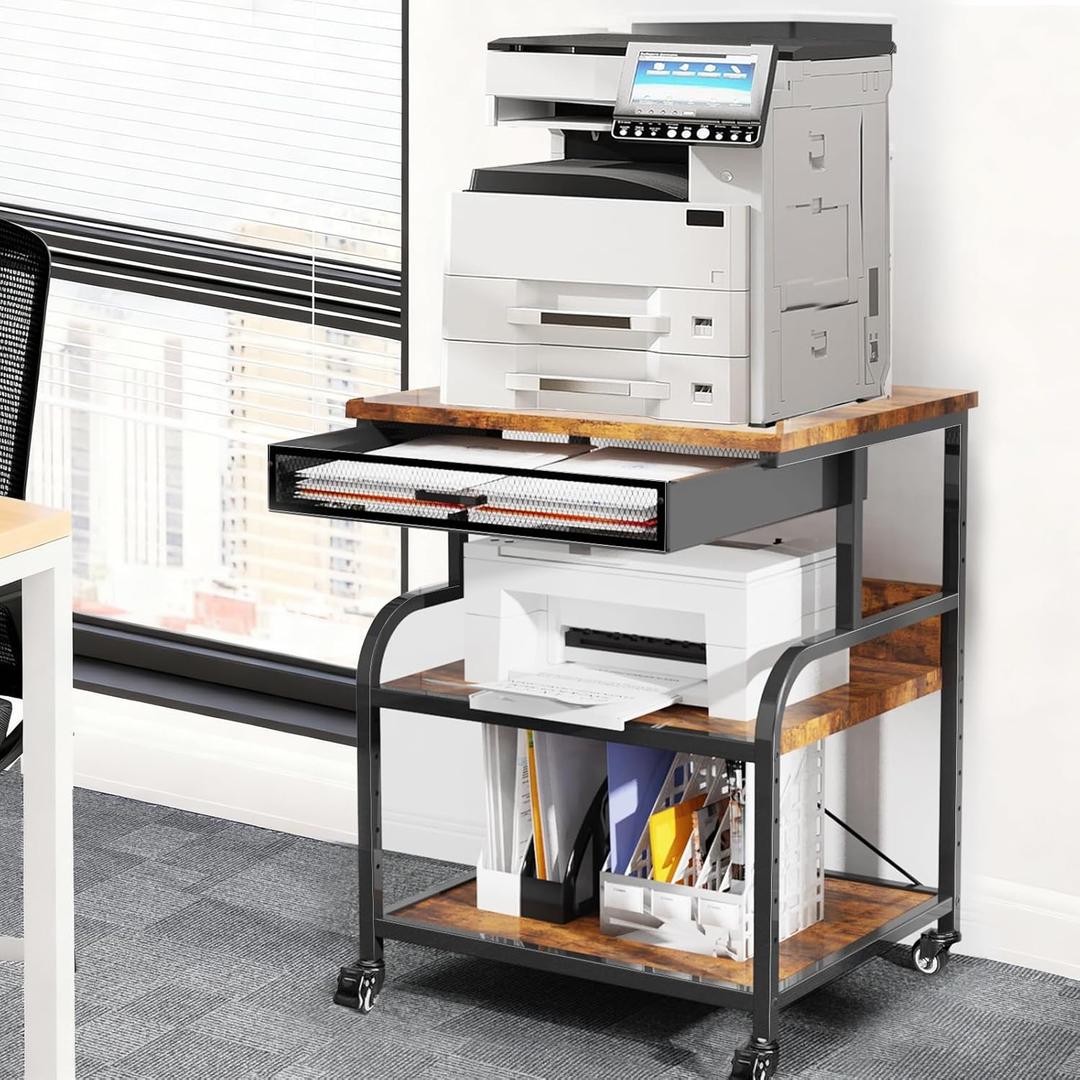 3-Tier Printer Stand with Drawer, Adjustable Shelf, Rolling Casters, 23.6 x 18.9 x 30 Inch Heavy Duty Printer Cart for Home Office, Large Printers, 3D Printers, Fax & Heat Press, Brown