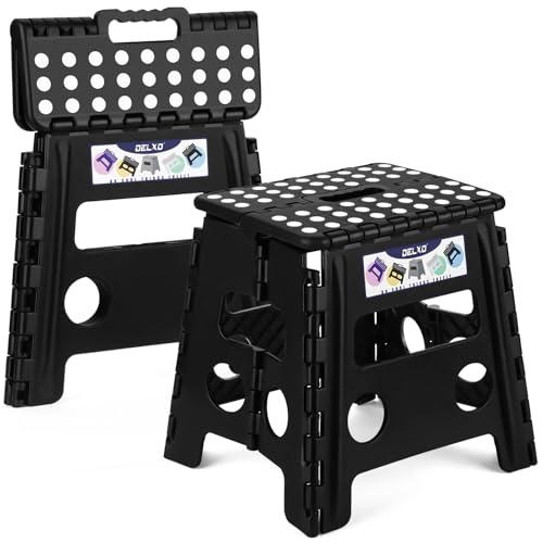 Delxo 13 inch 2 Pack Folding Step Stool, Non-Slip Foldable Stools Up to 300 LBS, Step Stool with Handle, Lightweight Collapsible stools for Kitchen, Bathroom, Bedroom, Garden (Black)