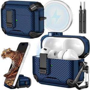 Inesore for AirPods Pro 3 Case (2025) with Phone Stand & Cleaning Kit,Compatible with Magsafe,Magnetic Automatic Lock Cover for AirPods Pro 3rd Generation, Dark Blue