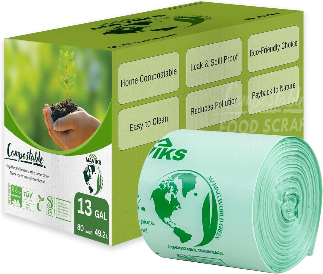 Super Durable Biodegradable Compostable Bags 13 Gallons / 49.2 Liter, Green Biodegradable Bags 80 Pcs, Small Kitchen Compost Bags for Countertop Bin, BPI & OK Compost Certified