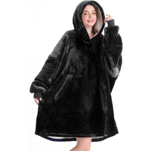 Aemicion Wearable Blanket Hoodie for Adults - Black Oversized Sherpa Fleece Blanket with Sleeves and Pocket, Cozy Gift for Men and Women, Home Office Couch Use