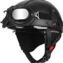 Senhill German Style Motorcycle Helmet for Adult Retro Leather Half Helmet Vintage Cap Skull Cap Open Face Helmet with Goggles for Cruiser Scooter Chopper DOT/ FMVSS 218 Approved (Black Type, M)