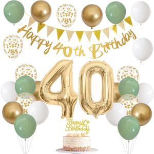 Sage Green White Gold 40th Birthday Balloons with Happy 40th Banner, Cake Topper, Foil Balloons for 40 Year Old Party Decoration