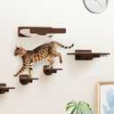Space-Saving Cat Wall Shelves Interactive Cat Wall Climber with Hammock & Dog Proof Feeding Station for Small & Medium Indoor Breeds Solid Walnut Wood with Beige Carpet