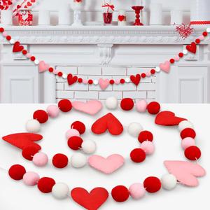 8.2Ft Valentines Day Felt Ball Garland Pre-Strung Valentines 3D Heart Hanging Banner Red Pink White Pom Pom Garland Decorations for Valentine Party Wedding Anniversary Home Wall Indoor Outdoor Decor