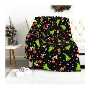 Merry Christmas Black Plaid Blanket Soft Flannel Fleece Throw Blankets Elk Snowman Tree Blanket Lightweight Cozy Warm Fuzzy Plush Blankets for Bed Sofa Living Room Home Decor Gifts, 50"x60"