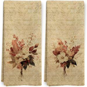 Vintage Fall Floral Kitchen Towels, Retro Rustic Antique Wildflower Floral Dish Tea Towels for Kitchen, Cottagecore Flower Decorative Hand Towels for Bathroom Decor, 16x24 Inch Set of 2