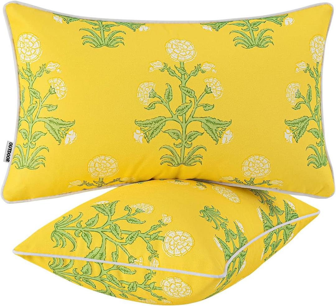 MIULEE Decorative Floral Outdoor Lumbar Pillow Covers with Inserts Set of 2 12x20,Waterproof Vintage Fade Resistant Patio Throw Pillows with Piping for Spring Summer Garden Couch Sofa,Yellow
