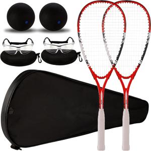 2 Pack Beginner Squash Racquet Set Includes Racquets with Racket Bags Anti Fog Goggles Cases Blue Dot Ball Indoor Gym Sports for Beginners Novice Training Recreational Play