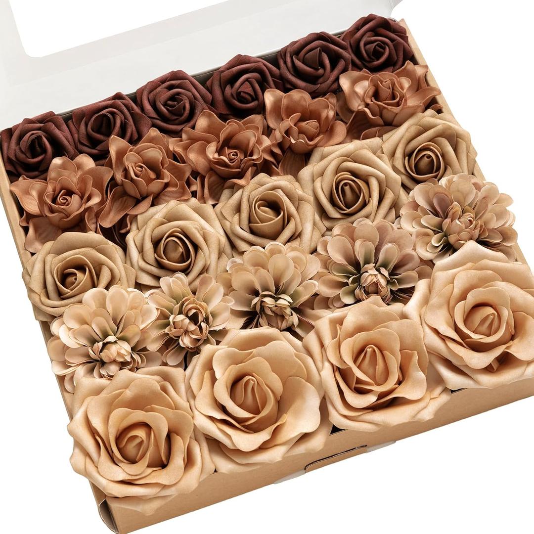 Ling's Moment Artificial Flowers Fake Silk Chrysanthemum Faux Foam Roses Combo for DIY Wedding Bouquets Centerpieces Arrangements Bridal Shower Party Home Decorations, Walnut Brown & Sand Biege, 25pcs