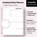 Undated Daily Planner | 2026 Calendar | Large Daily and Monthly Planner with Hourly Schedule, 8.5" x 11" | 6 Month, Full Page a Day, To do List, Time Blocking, Pink Aesthetic Hardcover Spiral Notebook