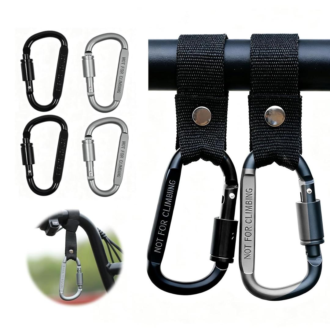4 Pack Stroller Hooks, Carabiner Clips with Nylon Straps for Bicycle, Motorcycle, Wheelchair, Luggage, Scooter, Can be Used to Hang Diaper Bags, Helmets, Shopping Bags