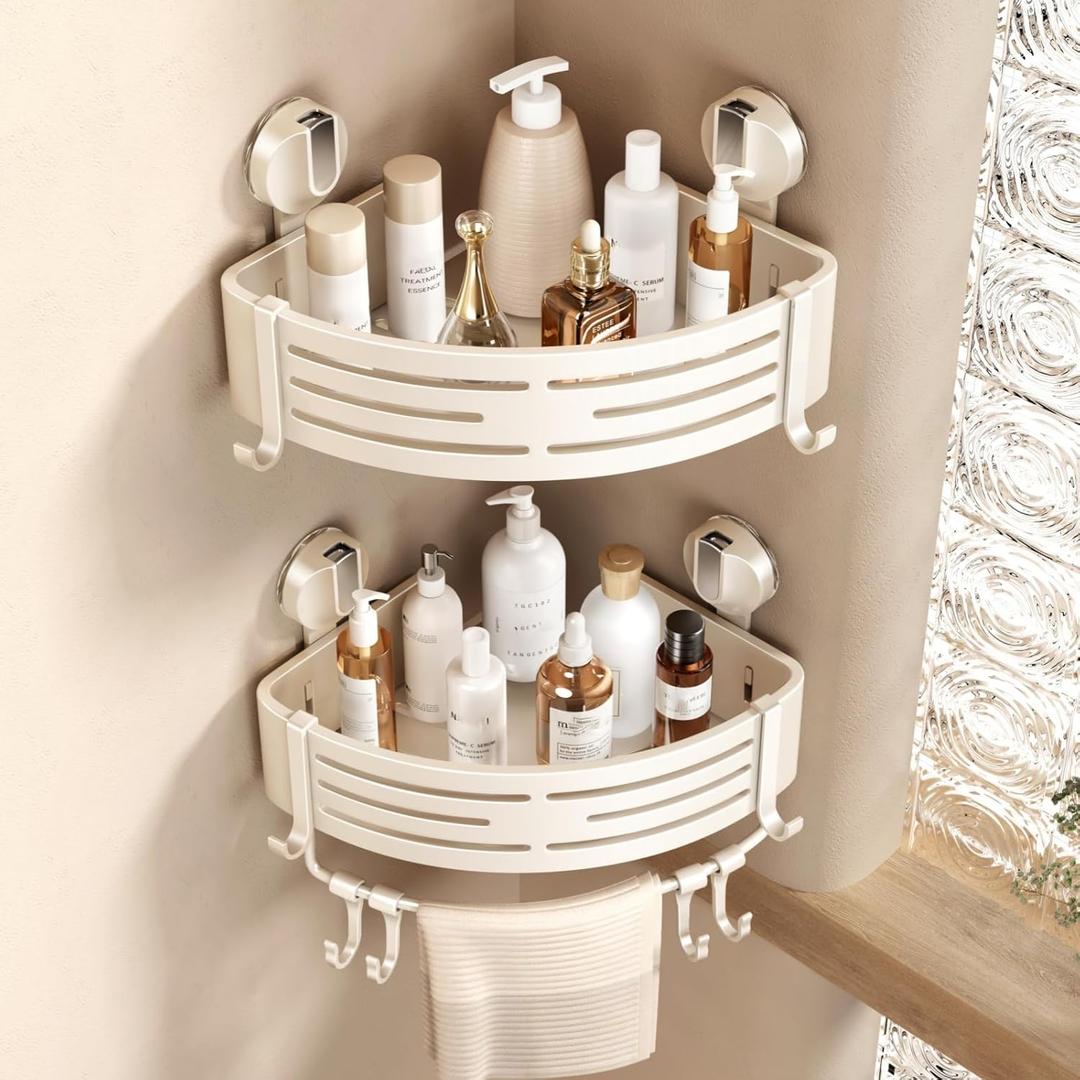VOLPONE Corner Shower Caddy Suction Cup Shower Shelf Corner No Drilling Bathroom Shower Organizer Storage Rack Adhesive with Towel Bar (2-Pack, Ivory)
