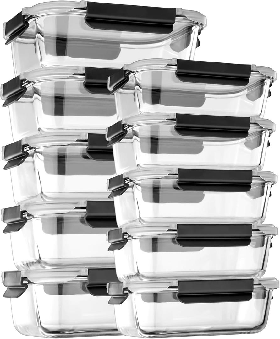 Glass Food Storage Containers with Lids Airtight, Glass Meal Prep Containers with Snap Lids for Food, Bpa-free,Easy to Open&Close/Microwave,Oven,Freezer,Dishwasher Safe/Leak-proof [10 Pack] (Black)