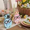 Pinkunn 2 Pcs Easter Egg Table Wooden Signs Egg Couple Easter Table Centerpiece Decorations Color Eggs with Glasses Necklace Bow for Spring Party Kitchen Office Dining Room Home Decor