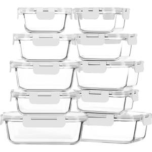 M MCIRCO 10-Pack Glass Food Storage Container with Lids, Airtight Lunch Bento Boxes, Glass Meal Prep Container,Microwave, Oven, Freezer and Dishwasher Friendly, White