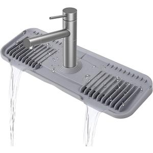 Silicone Faucet Mat Silicone Faucet Drip Catcher with Cuttable Circular Central for Kitchen Sink, Tailor-Made for Faucets with Deck PlateLight Grey