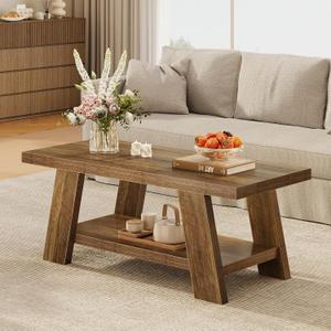 Tohomeor 47.24" Coffee Table for Living Room, Farmhouse Solid Wood Coffee Table with Storage, Rectangle Rustic Accent Center Table with for Home Apartment Office, Retro Brown