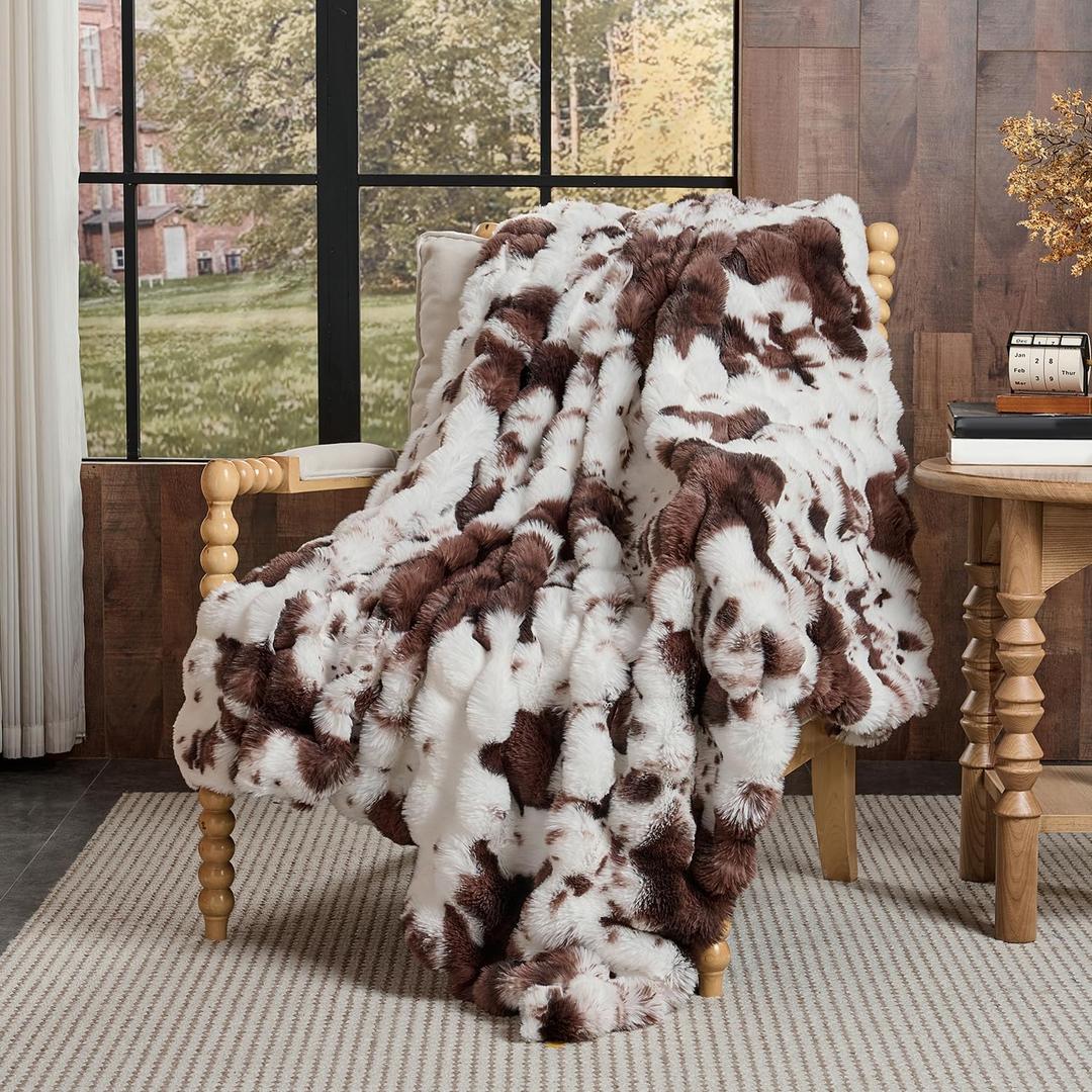 Lotus Karen Faux Fur Throw Blanket Cow Print-Dark Brown, Fluffy Fuzzy Plush Bubble Blanket for Couch, 60x50 Inches Cozy Shaggy Rabbit Blanket, Luxury Decorative Gifts for Sofa Bedroom Living Room