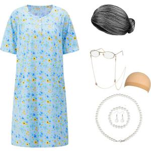 Old Lady Costume for Women Granny Costume Kit with Old Lady Nightgown Wig Grandma Costume Halloween Outfits (5-7T, Dress)