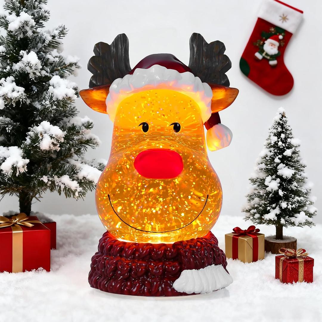 Christmas Snow Globe Reindeer Lighted Musical Glitter Globe Battery Operated or USB Powered with Timer Water Glittering Snowing Globe for Christmas Party Home Table Decorations Gifts (Reindeer)
